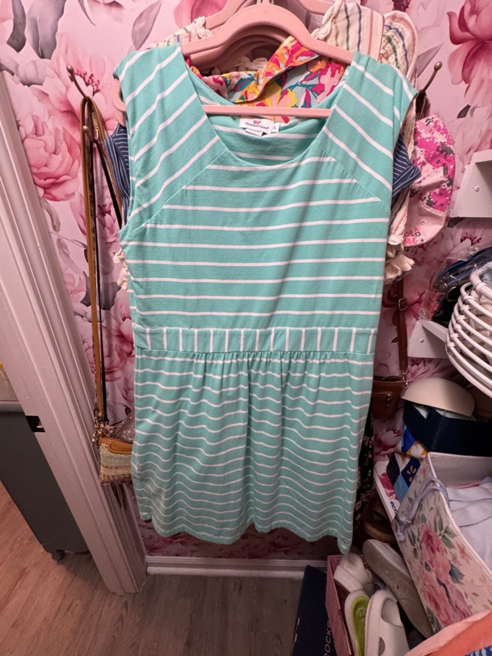 Vineyard Vines Seafoam and White Striped Tee with Floral Trim